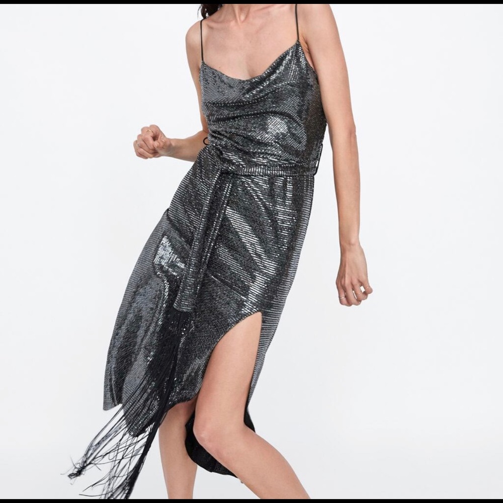 Zara Silver sparkly cowl neck midi dress size medium